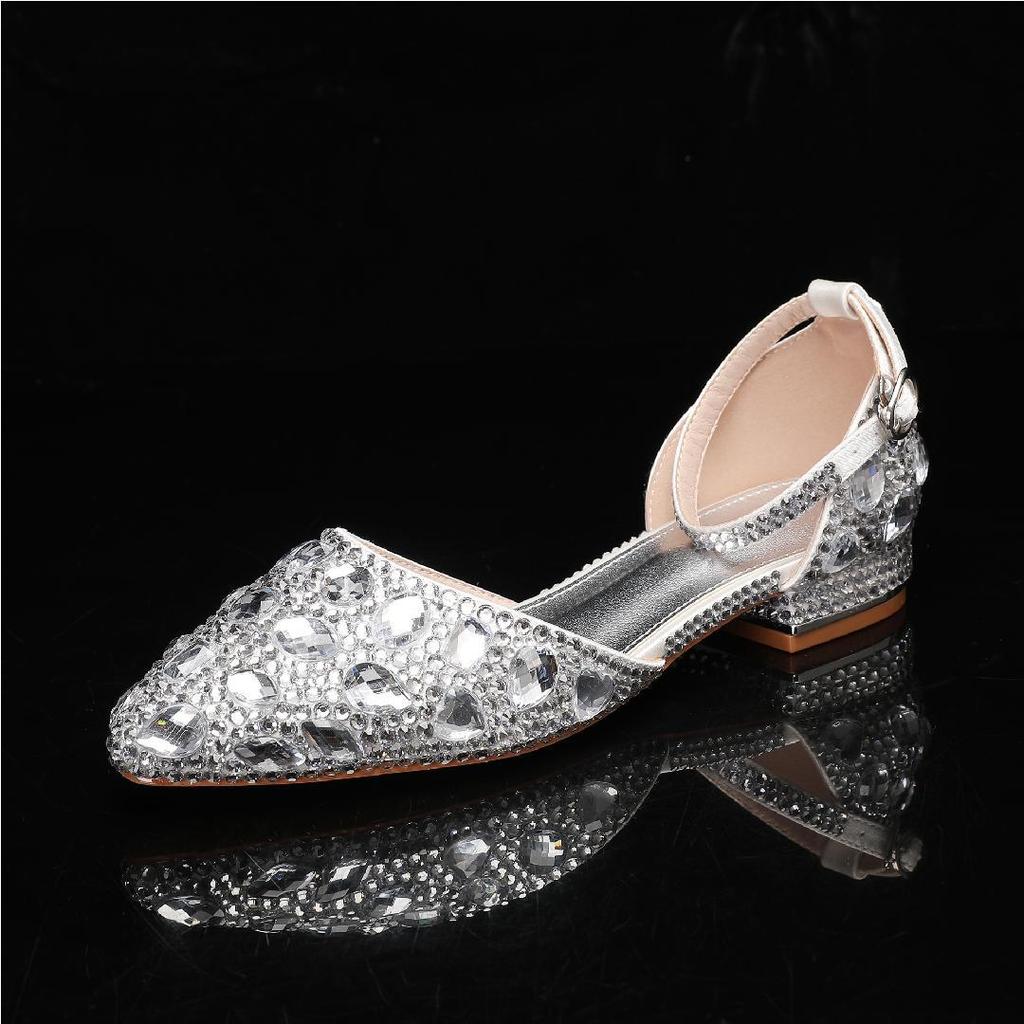 Fashion 2.5cm New Flat Heel Casual Pointed Hollow Sandals with Low Heel Shallow Mouth Water Diamond Bridal Shoes for Women Luxury 35-43