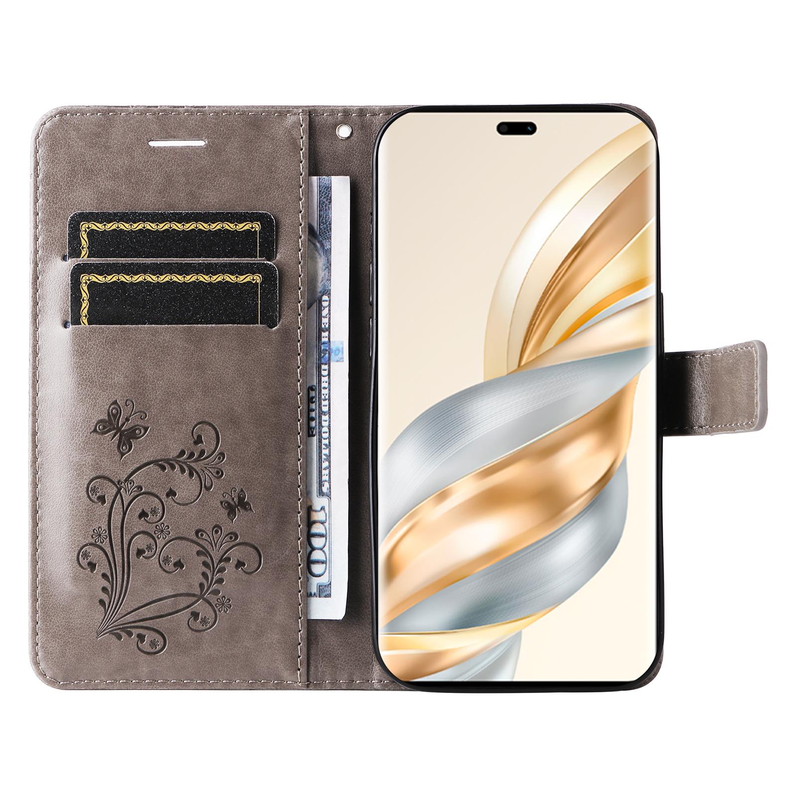 

For Honor X60 Pro 5G/Magic7 Lite 5G/X9c 5G Wallet Case Floral Butterfly Imprinted Leather Phone Cover Stand Grey