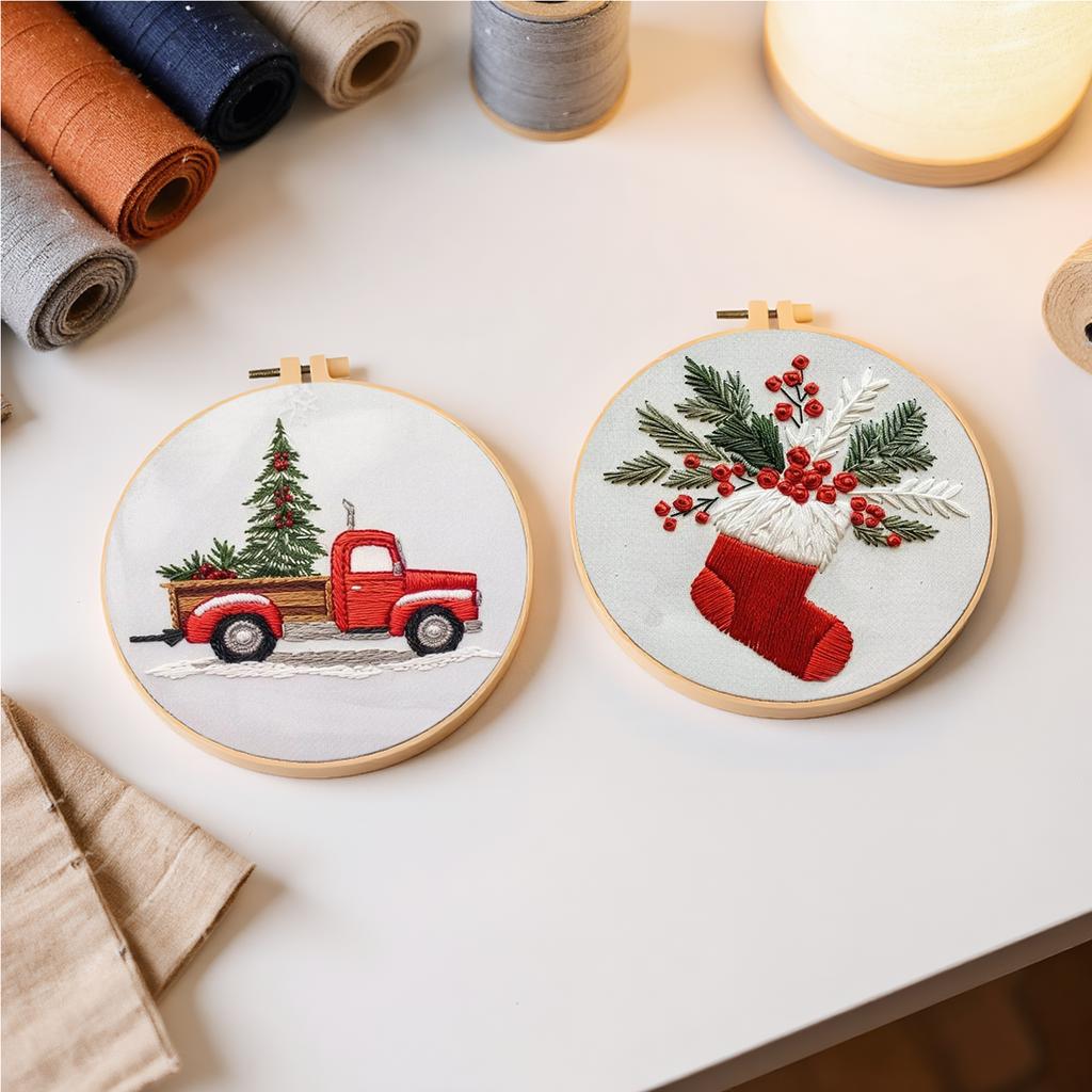 4 Sets Christmas Embroidery Kits with Needles Thread Pattern & Instructions Handmade Sewing Xmas Crafts Set for Beginners Adults