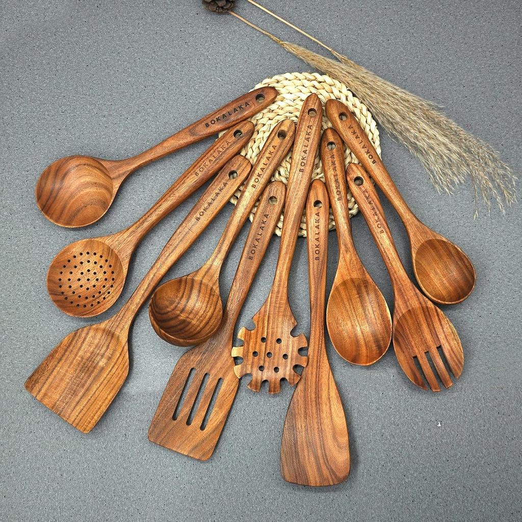 Wooden Spoons for Cooking,10 Pcs Natural Teak Wooden Kitchen Utensils Set Wooden Utensils for Cooking Wooden Cooking Utensils Wooden Spatulas for