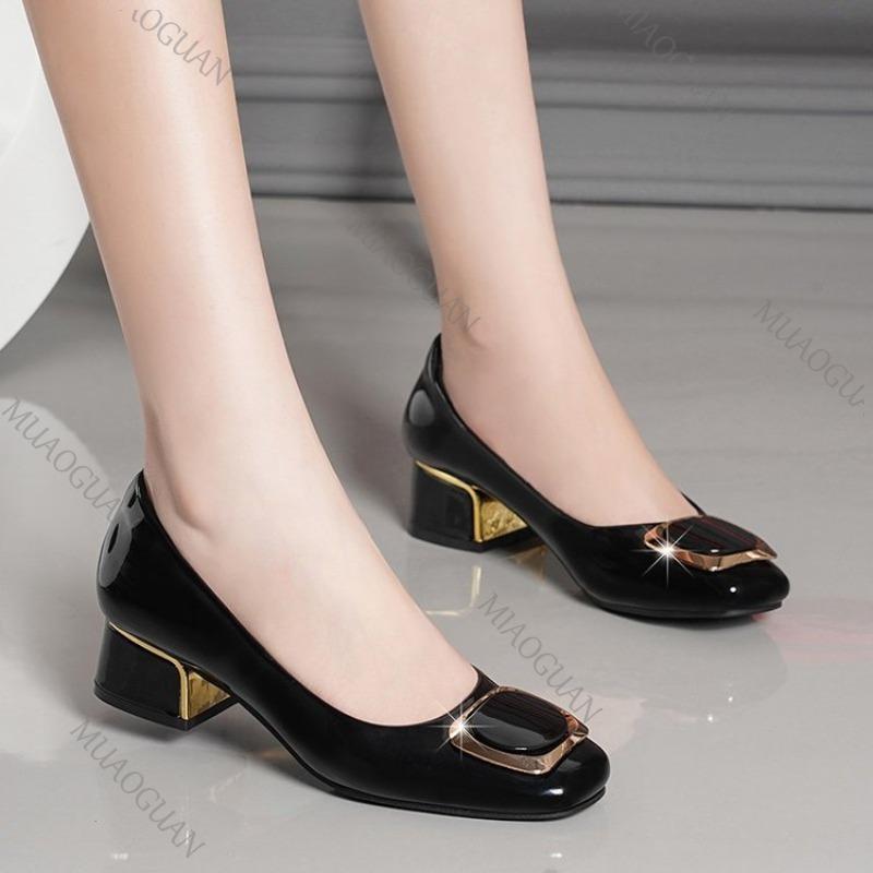 Fashion Soft-soled Women's Single Shoes 2025 Spring Autumn New Shallow Mouth Thick Middle Heel Work Shoes Female Round Toe Leather Pumps