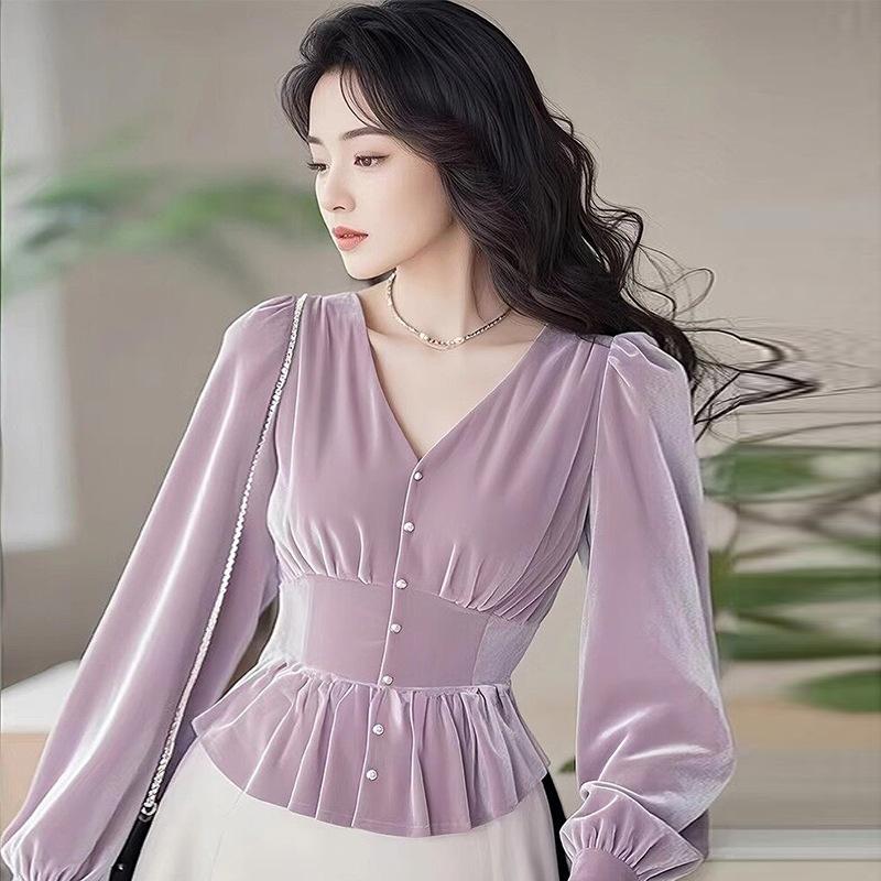 

Бархатная рубашка с длинными рукавами Осенняя одежда для женщин Новый модный фиолетовый топ ранней осени L