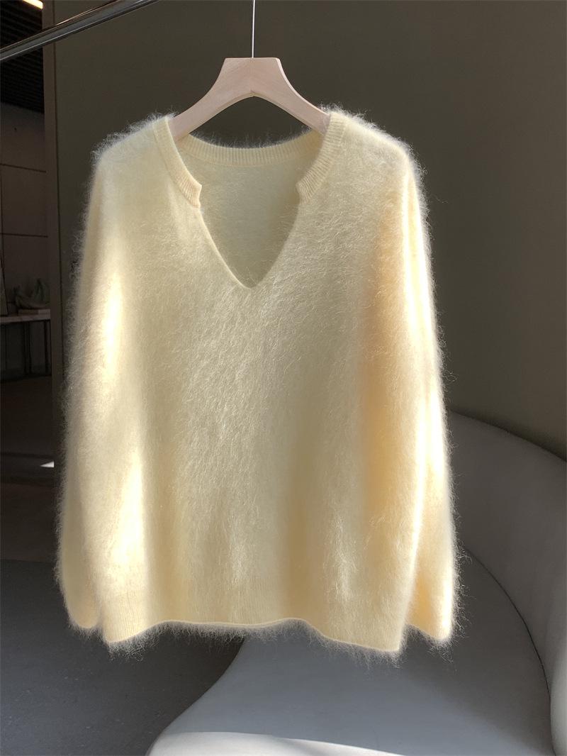 

Женский свитер из желтого мохера Goose Mohair на осень и зиму - мягкий, высококачественный флис норки, уютный ленивый стиль Large жёлтый
