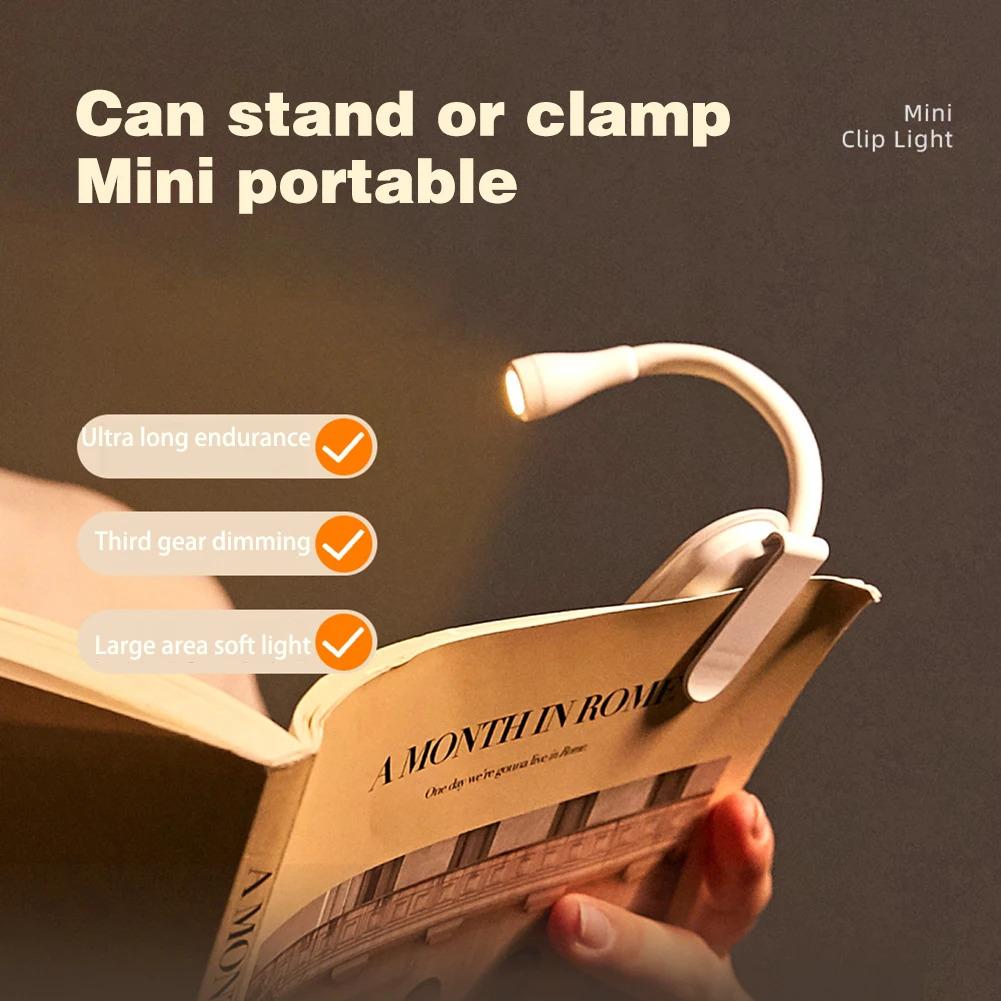 Mini LED Book Light 3 Brightness Adjustable USB Rechargeable Clip-On Study Reading Lamp for Travel Bedroom Dormitory Reading