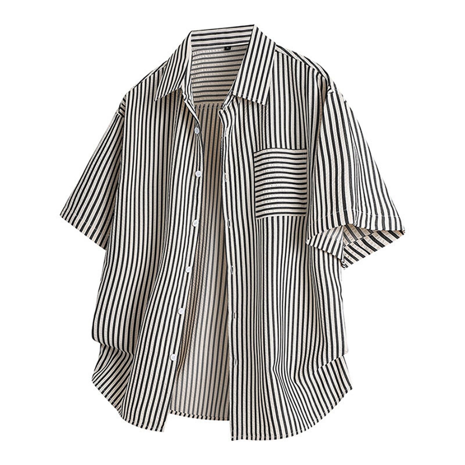 

Мужская летняя рубашка с коротким рукавом в полоску, повседневная рубашка на пуговицах с карманом, топы L чёрный