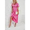 Women's Summer Casual Short-sleeved Button Waist Solid Color Long Shirt Dress