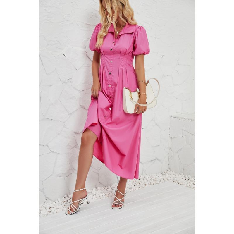 Women's Summer Casual Short-sleeved Button Waist Solid Color Long Shirt Dress