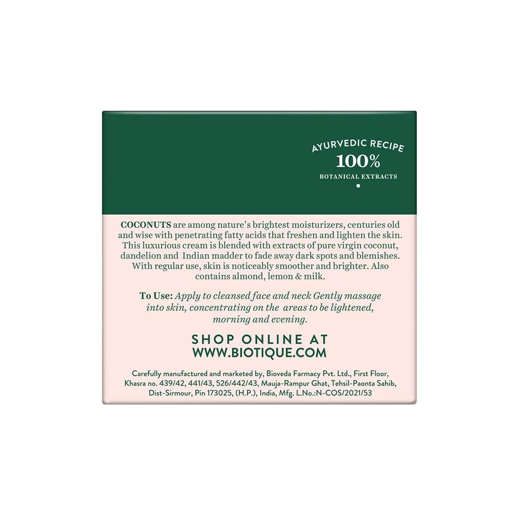 Biotique Coconut Brightening Glow Cream 50g | Natural Radiance Face Moisturizer | Lightweight Non-Greasy Formula | Dark Spot Reduction