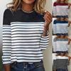Long Sleeve Striped Printed Round Neck Loose Fit T Shirt