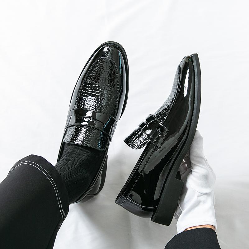 Men Black Loafers Leather Shoes Formal Business Flats Slip on Shoes Wedding Dress Prom Shoes Mosaic Contrast Over Sized