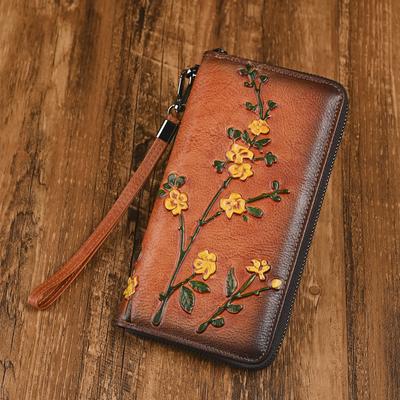 Head Layer Cowhide Long Women's Wallet Retro Embossed Handbag with High-end Feel