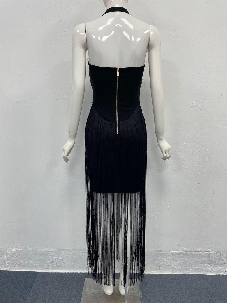 European & American Tassel Halterneck Bodycon Bandage Dress