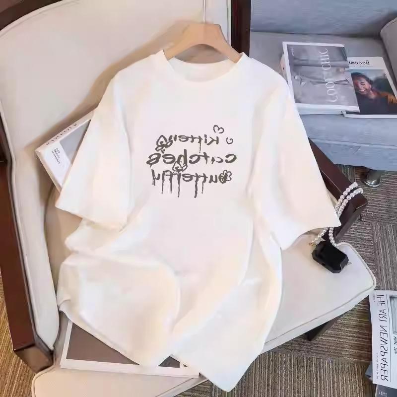 Harajuku cartoon cat Short Sleeve T-shirts Women Summer pure cotton Casual oversized T Shirt Women's Streetwear white Y2k Tops