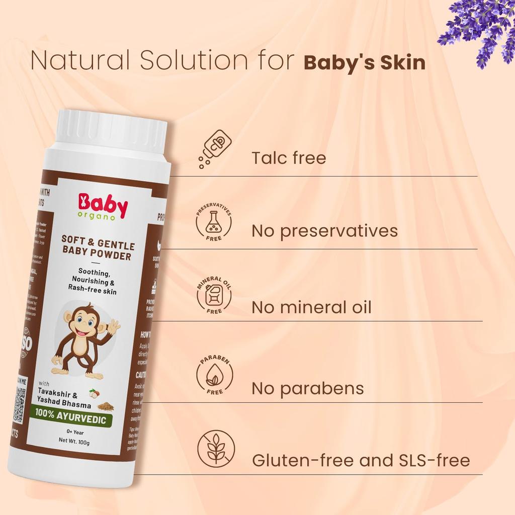 BabyOrgano® 100% Natural Talc Free Baby Powder for Up To 5 Years Newborn 100gm | Gentle Diaper Powder | SLS, Paraben Free - 100gm