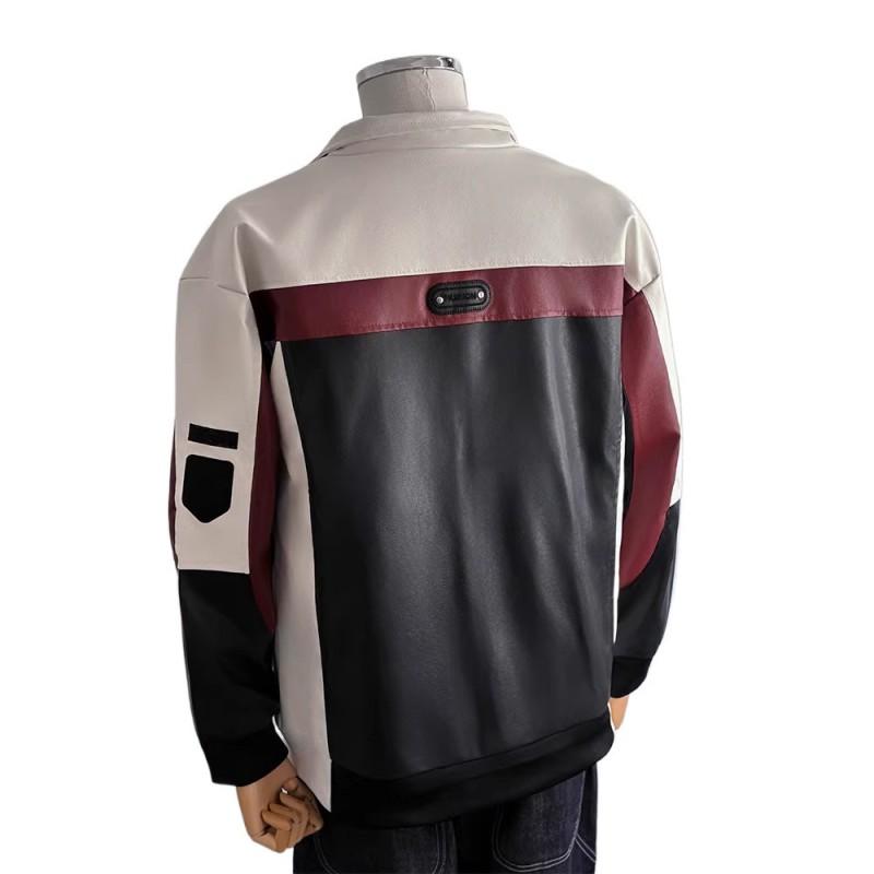 Mens Retro Color Block PU Leather Jacket Stand Collar Casual Fall Outerwear