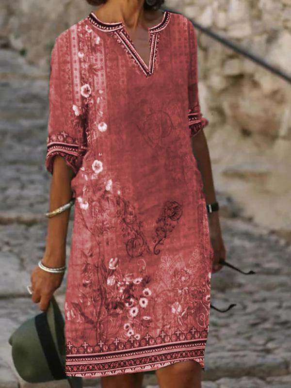 Spring and Summer Women's New Ethnic Style Printed Casual V-neck Dress