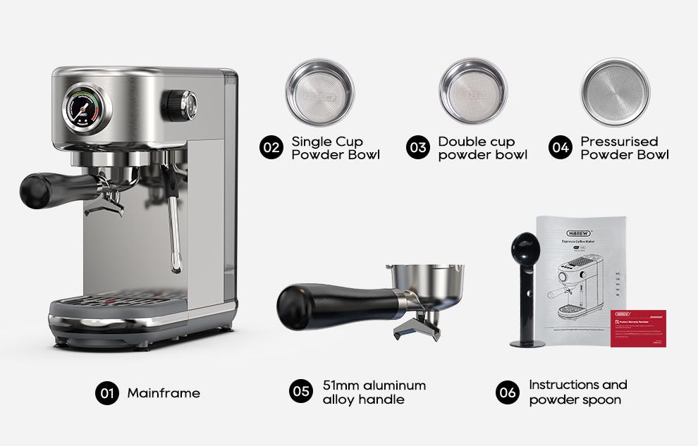 HiBREW H10B Espresso Coffee Machine, 20Bar Extraction Pressure, Semi-Automatic, Adjustable Temperature & Cup Volume, 1.3L Removable Water Tank, Silver