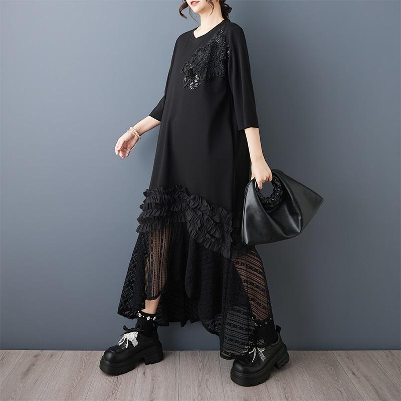 Plus size black cotton vintage floral new in dresses for women casual loose long summer dress