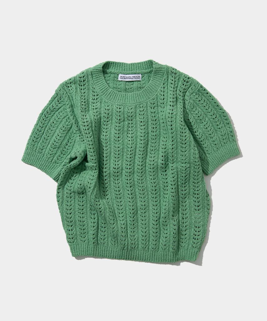 PLACE STUDIO Striped Soft Round Neck Crop Short Sleeve Knit Top [Green]