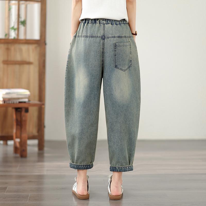 DIMANAF 2026 Summer New Plus Size Women Jeans Elastic Waist Long Pants Print Loose Casual Denim Cotton Trousers Pants