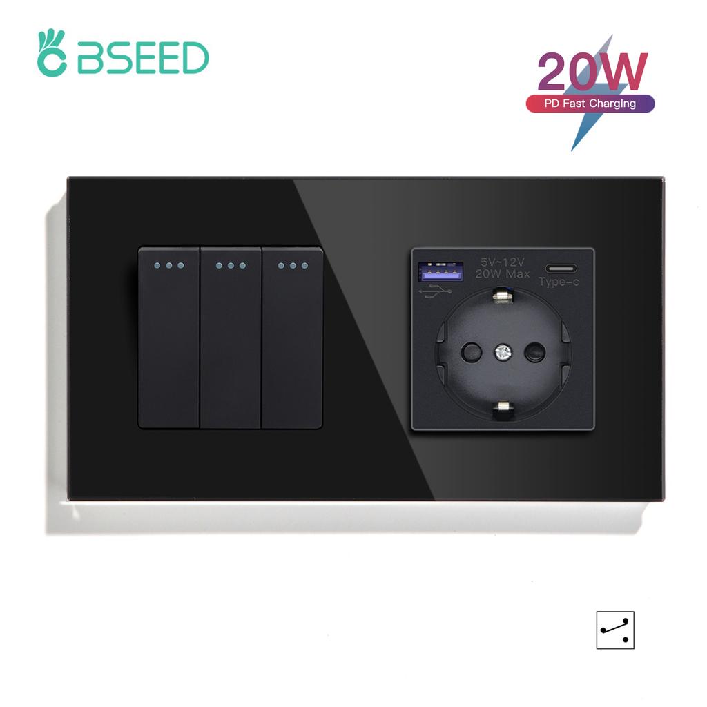BSEED 1/2/3Gang Mechanical Light Switches 2way For Stairs Corridors with EU Power Sockets USB Type-c Ports Glass Panel Black