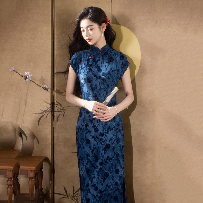 Blue old Shanghai Republic of China style long Chinese cheongsam improved young new women's retro short sleeve summer