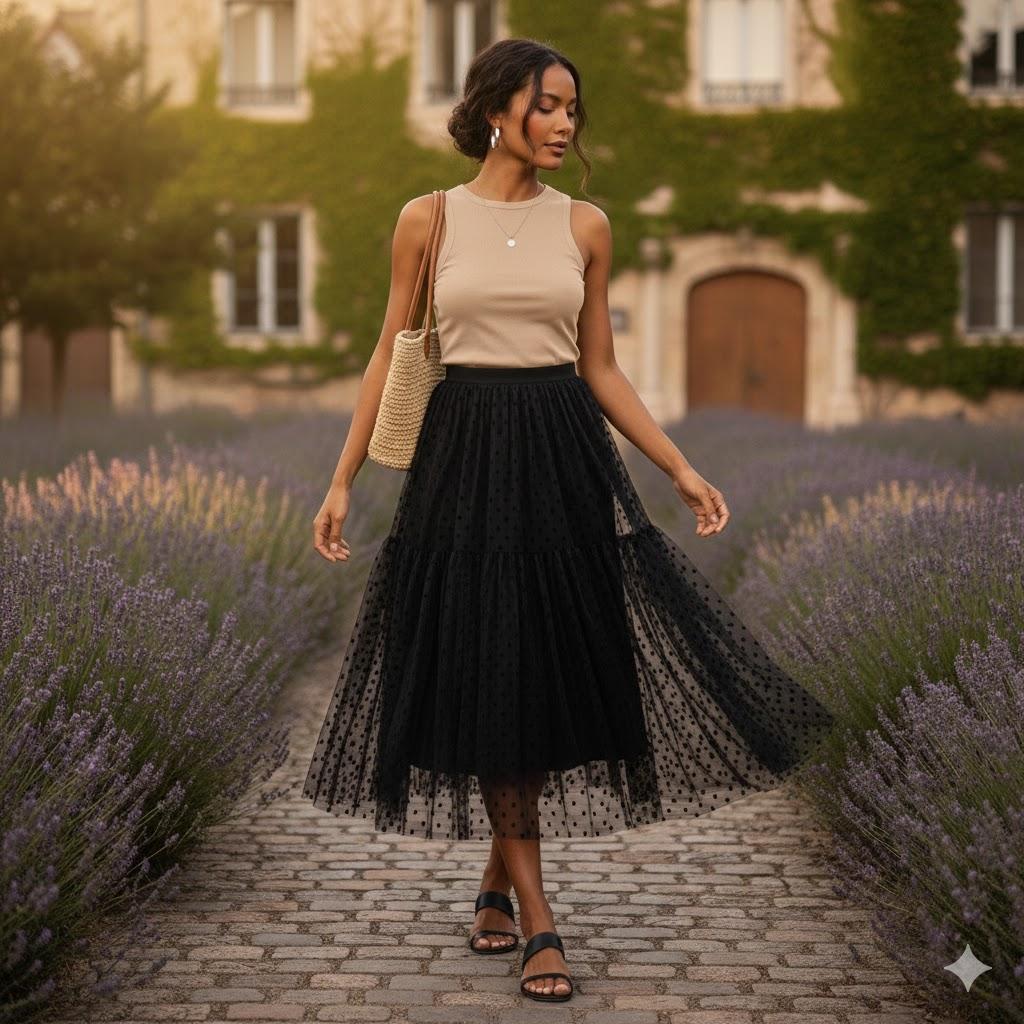 Jupe Longue Robe de Bal Plissée à Pois Taille Haute pour Femme Mode Maille Ample Bouffante Parapluie Fée Gâteau Jupes