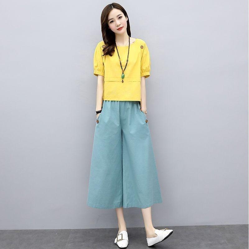 Loose Two-piece Short-sleeved Summer Women's Fashionable Wide-leg Pants Suit Loose and Slim