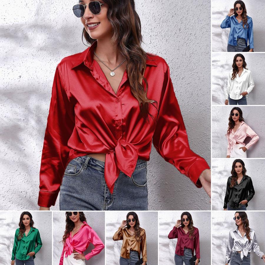 23 Colors 7 Sizes Ready Stock Satin Shirt Women Silk Satin Long Sleeve Shirt New Style Women's Clothing