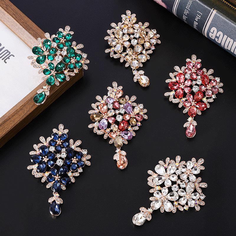 French Rhinestone Flower Brooch: Multi-color Water Drop Pendant Pin for Suit Coats