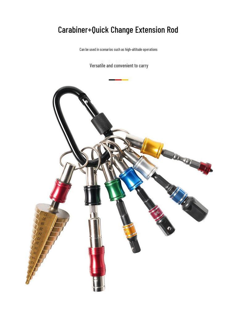 6-teiliges farbenfrohes Schlüsselanhänger-Verlängerungsstangen-Set mit Bergsteiger-Schnalle und 1/4" Sechskant-Bohrer-Aufbewahrung.