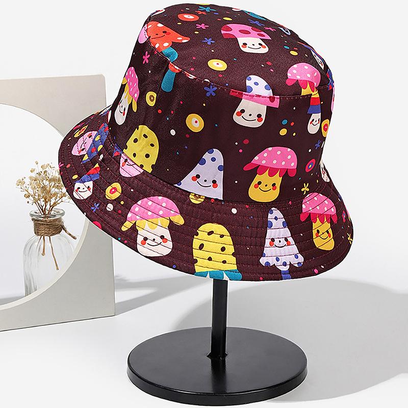 Chapeau Seau Réversible Champignons Imprimé - Coton Unisexe Pliable Protection Soleil