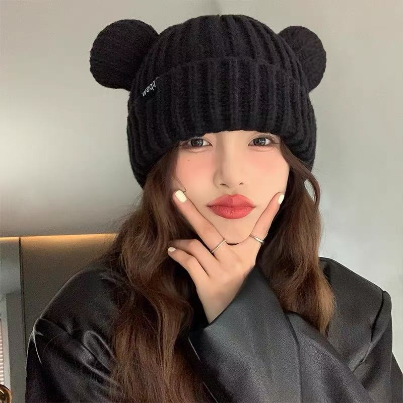 Cute bear wool hat women's winter plush warm fluffy autumn and winter big head circumference knitted hat