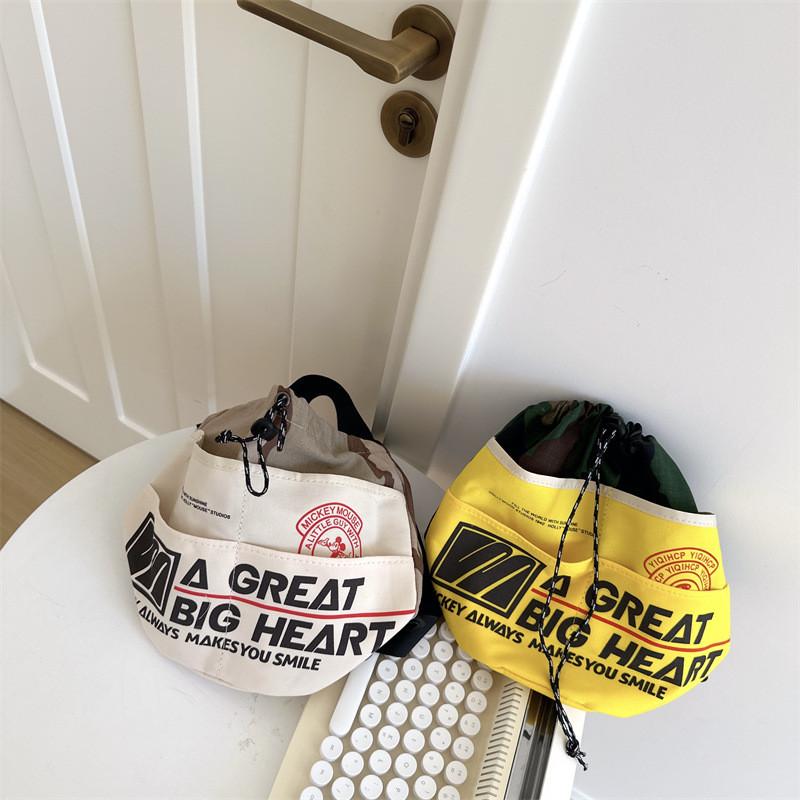 Kids Pattern Letter Drawstring Canvas Shoulder Bag With Sewn Details Use Daily