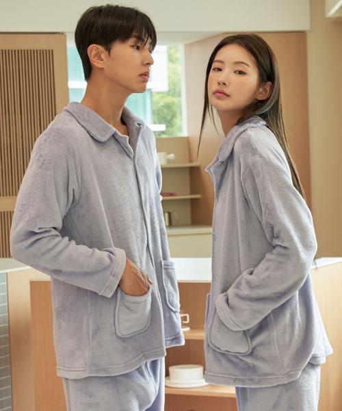[Dossy] [2PACK] Fluffy Solid Winter Long Sleeve Collar Couple Pajamas Set [Shipped from Korea] 100% Authentic