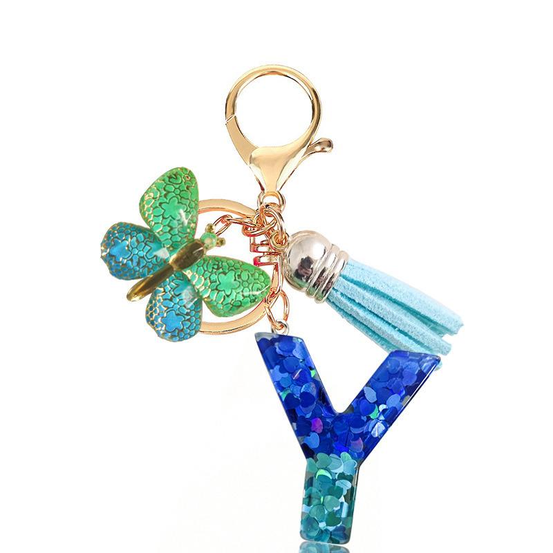 Fashion Blue Glazed Stone A To Z Letter Keychain 26 Initials Alphabet Butterfly Tassel Pendant Car Key Chain Women Jewelry GIfts