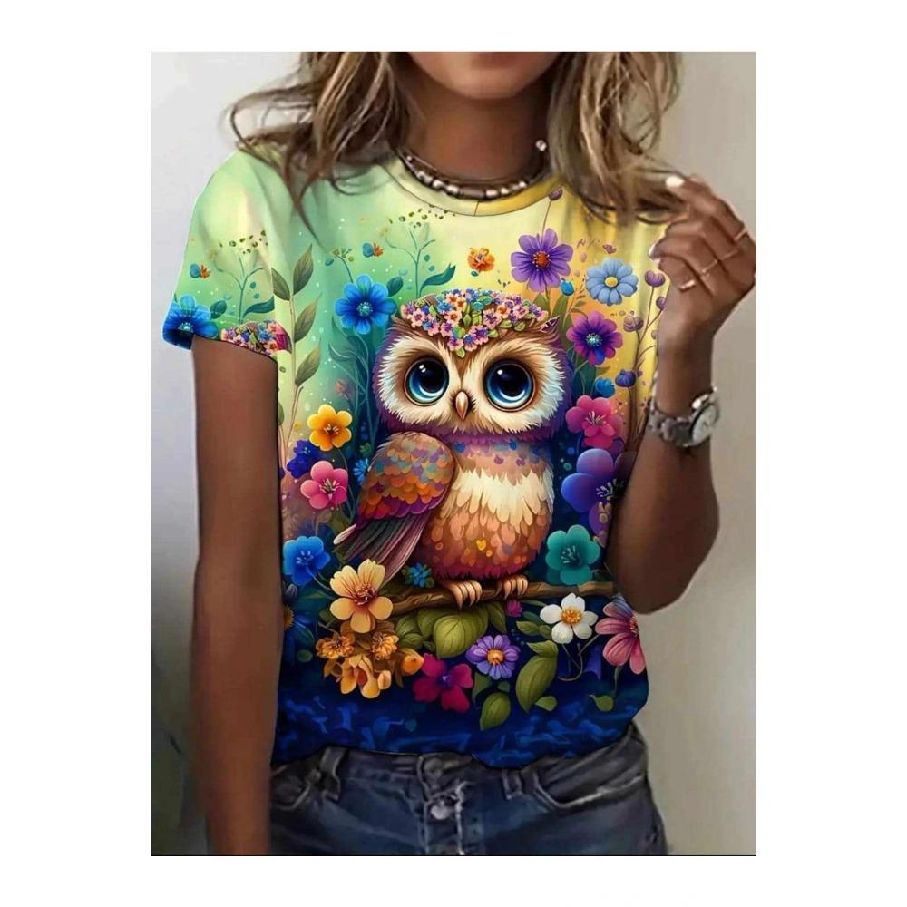 3D Printed Owl Printed Ladies Short Sleeve T-Shirt, Street Outdoor Trendy Women's Clothing