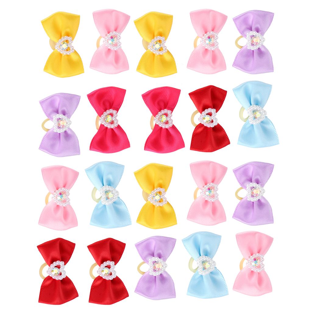 20Pcs Handsewn Cute Pet Hair Bows Grooming Bows Lovely Bowknot with Rubber Bands for Pet