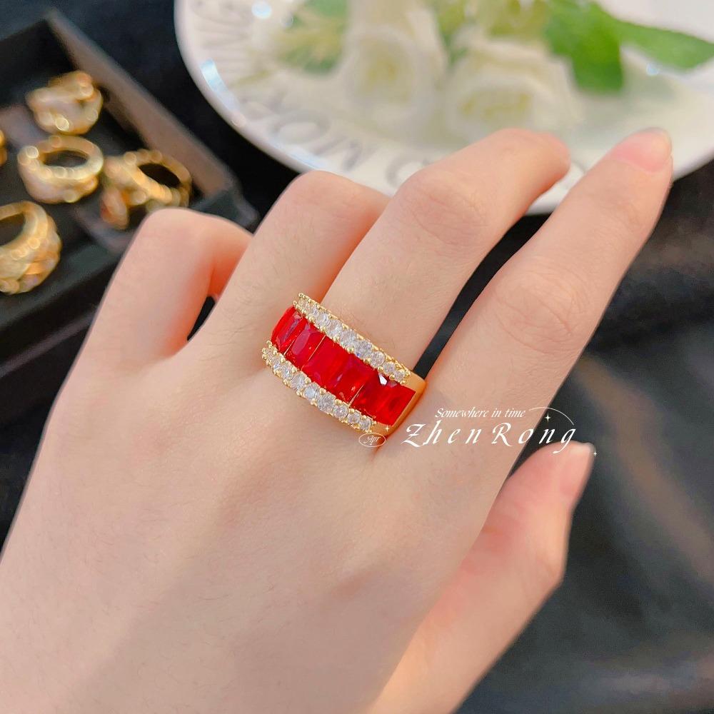 Vintage Open Ring French Retro Gold Plated Micro Pave Full Diamond Antique Jewelry Colorful Gemstone Ring