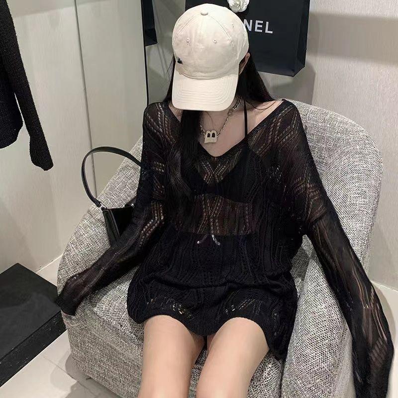 

Топ средней и длинной длины с защитой от солнца для женщин на лето, свободный вязаный свитер с открытой спиной и перекрестными бретелями L чёрный