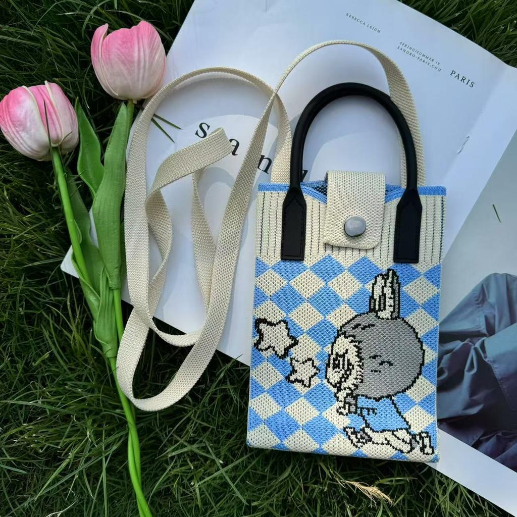 Cute Canvas Crossbody Bag with Fashionable and Niche Design, Knitted Mobile Phone Bag, Crossbody Single Shoulder Knitted Bag