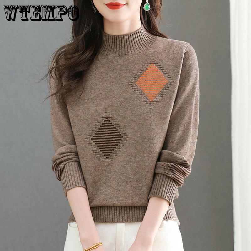 Solid-color Sweater Women's Trendy Casual Long-sleeved Knitted Sweater Loose Half Turtleneck Pullover Autumn and Winter Top