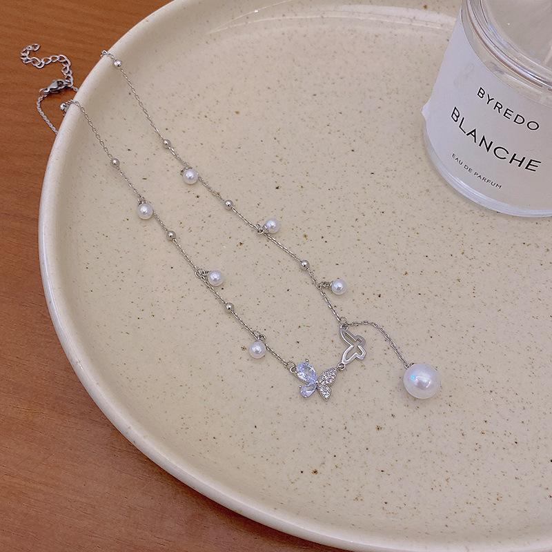 Tassel Pearl Butterfly Necklace Women's Light Luxury Design Sense Internet Celebrity Clavicle Chain Premium Neck Chain