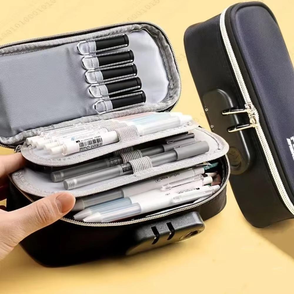 Canvas Password Lock Pen Box 4 Layers Portable Organizer Box Large-Capacity Pencil Case  Boy