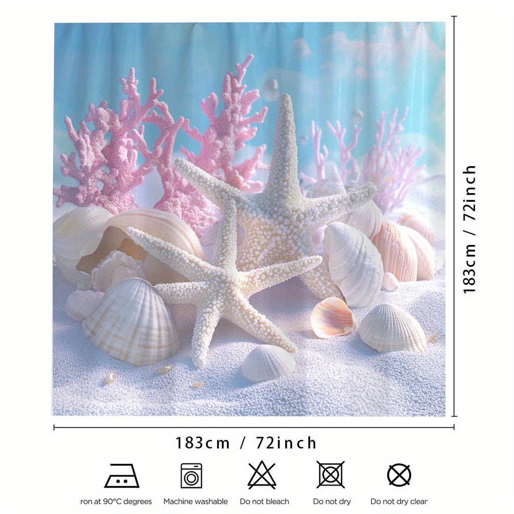 1 Polyester shower curtain with hooks - Exquisite starfish and coral reef digital print, four seasons ocean theme design