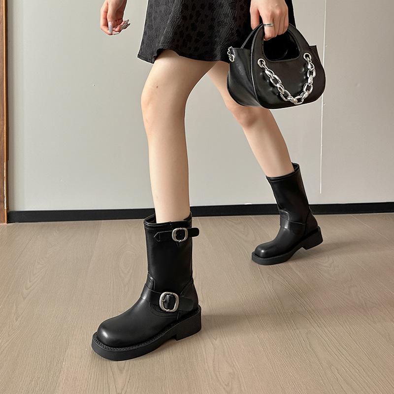2025 New Belt Buckle Thick Heel Short Boots Platform Martin Boots Women's Knight Boots Medium Boots Western Cowboy Boots