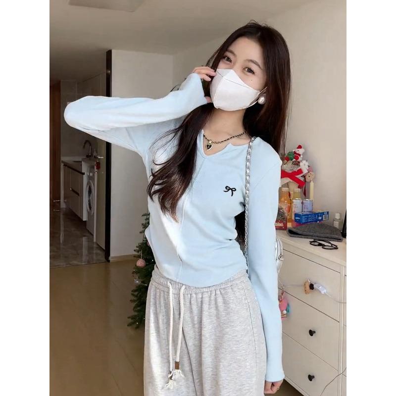 Design Embroidered Shirt Women's Top Spring Neck Waist Pleated Long Sleeve Inside Milk Blue Bottom Shirt