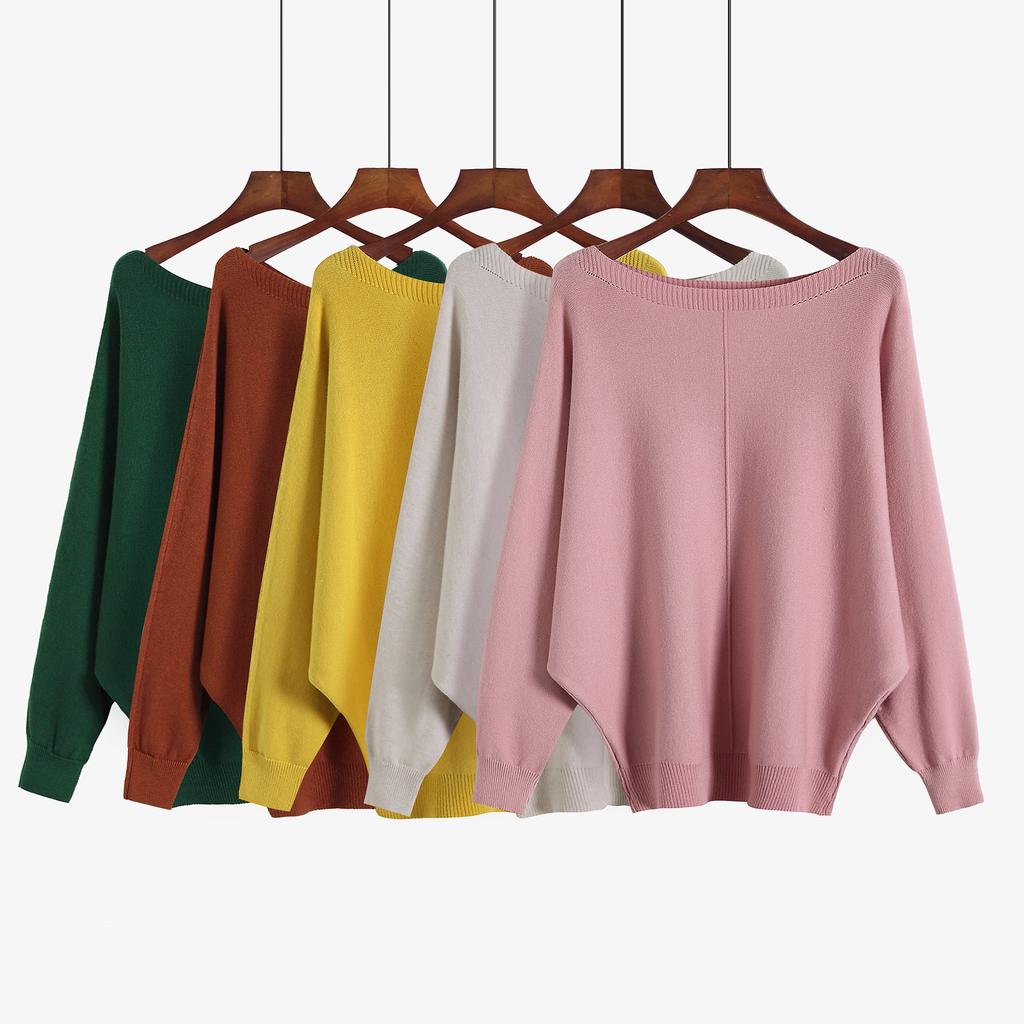 Hot 2022 Women's New Sweater Knitwear, Off-Neck Bat-Sleeve Sweater, Loose Korean Style Plus Size