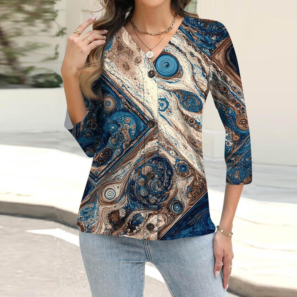 Women's Fashion Casual Printing Button-down Shirt 3/4 Long Sleeve Tops