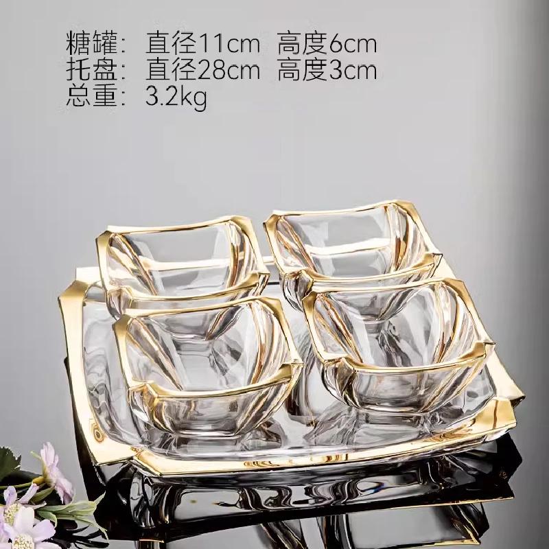 5PCS Glass Fruit Bowl Transparent Glass Bowl with Golden Side Square Bowl Living Room Coffee Table Candy Dried Fruit Snack Plate